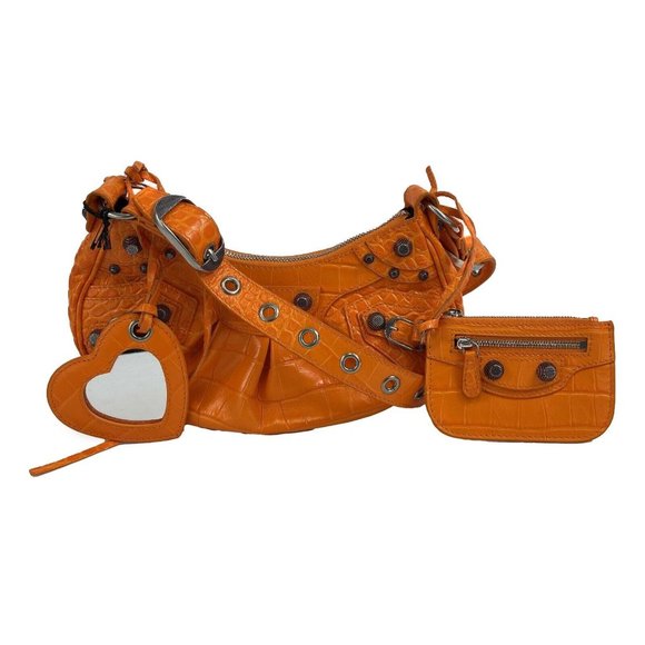 Balenciaga Orange Le Cagole XS Shoulder Bag Crocodile Embossed Studded Crossbody - Picture 1 of 13